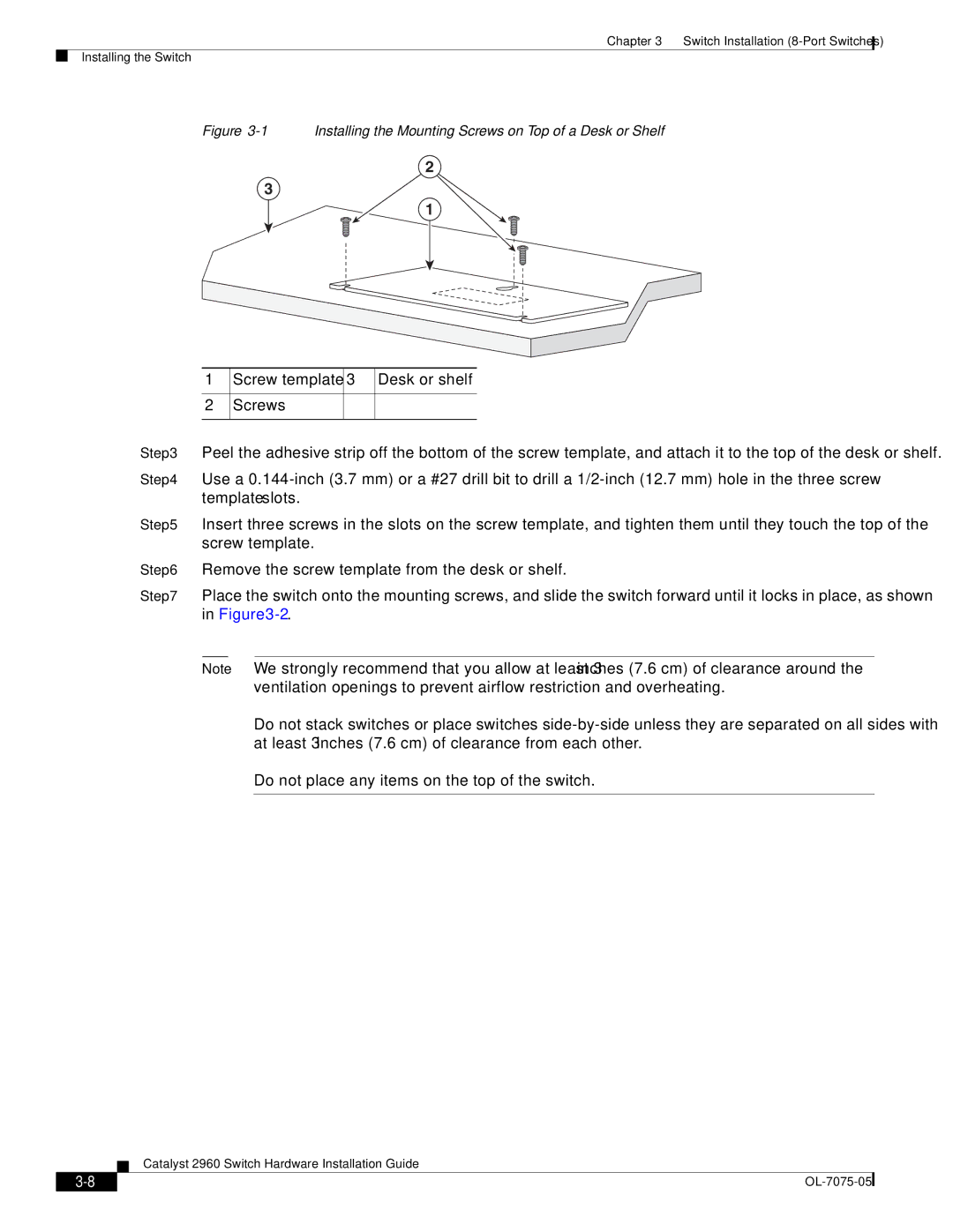 Cisco Systems 2960 specifications Installing the Mounting Screws on Top of a Desk or Shelf 