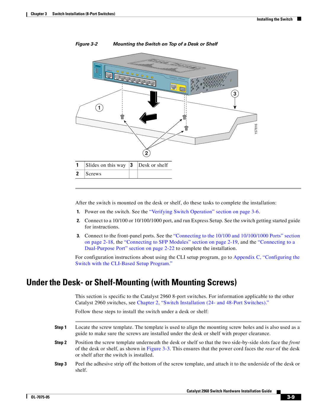 Cisco Systems 2960 Under the Desk- or Shelf-Mounting with Mounting Screws, Mounting the Switch on Top of a Desk or Shelf 