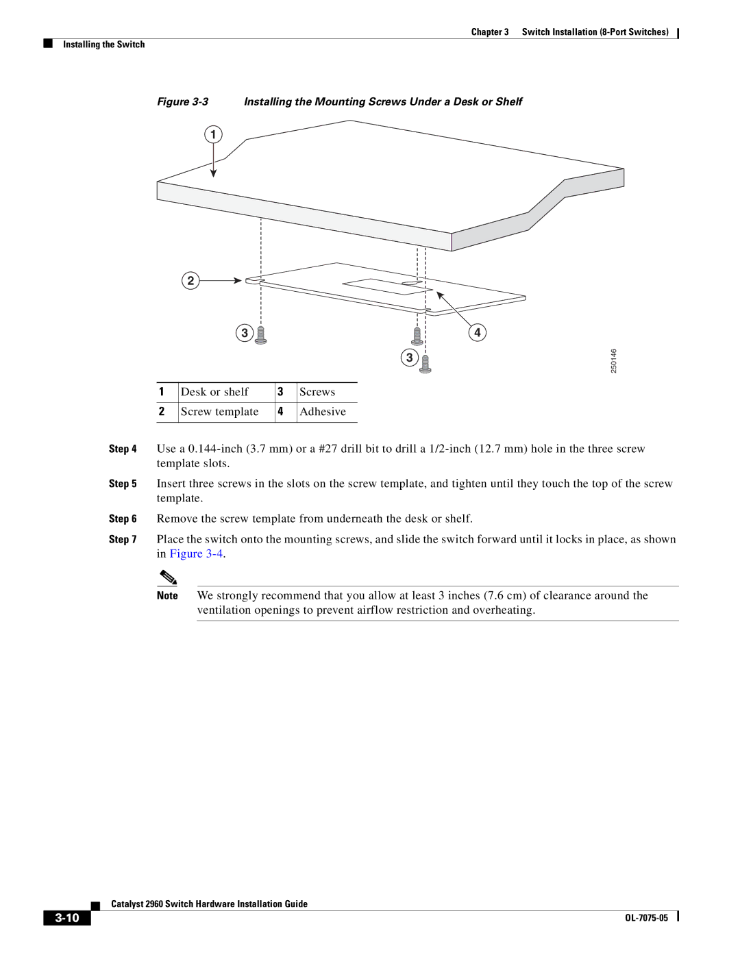 Cisco Systems 2960 Desk or shelf Screws Screw template Adhesive, Installing the Mounting Screws Under a Desk or Shelf 