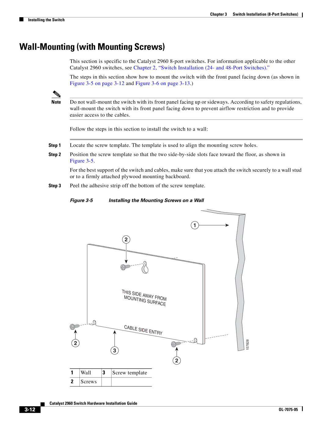 Cisco Systems 2960 specifications Wall-Mounting with Mounting Screws, Wall Screw template Screws 