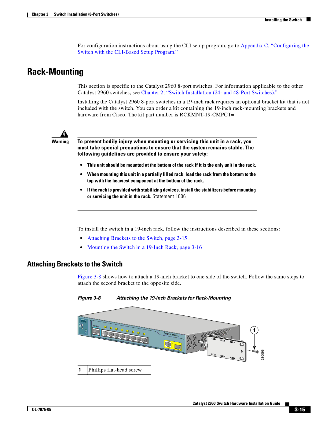 Cisco Systems 2960 specifications Attaching Brackets to the Switch, Phillips flat-head screw 