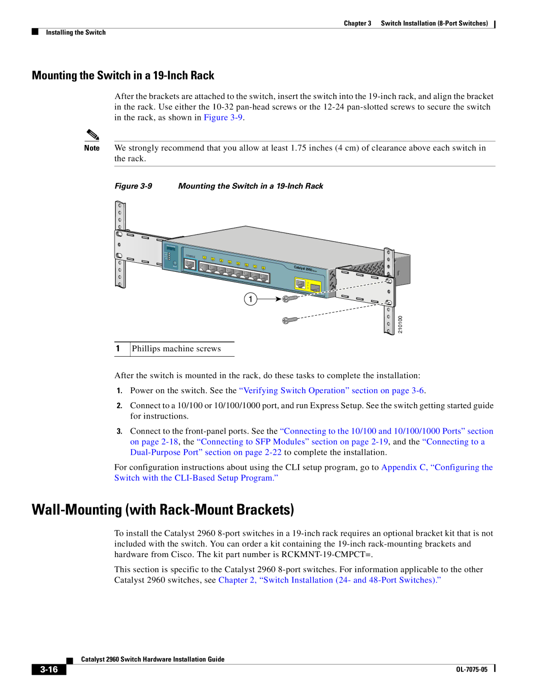 Cisco Systems 2960 specifications Wall-Mounting with Rack-Mount Brackets, Mounting the Switch in a 19-Inch Rack 