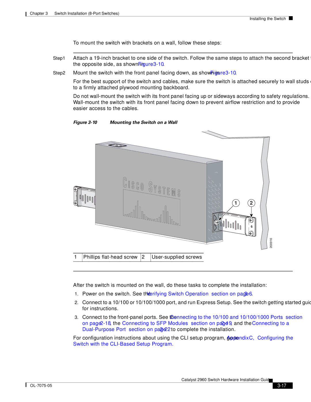 Cisco Systems 2960 specifications Mounting the Switch on a Wall 