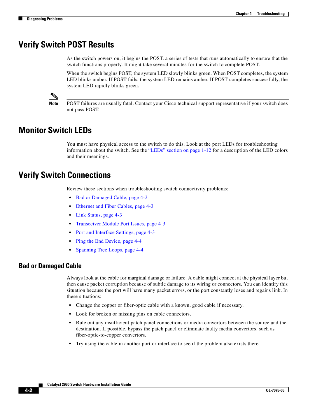 Cisco Systems 2960 Verify Switch Post Results, Monitor Switch LEDs, Verify Switch Connections, Bad or Damaged Cable 