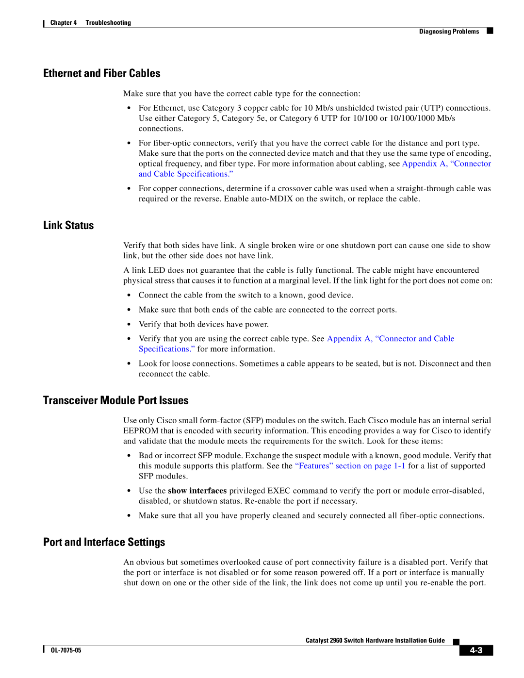 Cisco Systems 2960 Ethernet and Fiber Cables, Link Status, Transceiver Module Port Issues, Port and Interface Settings 