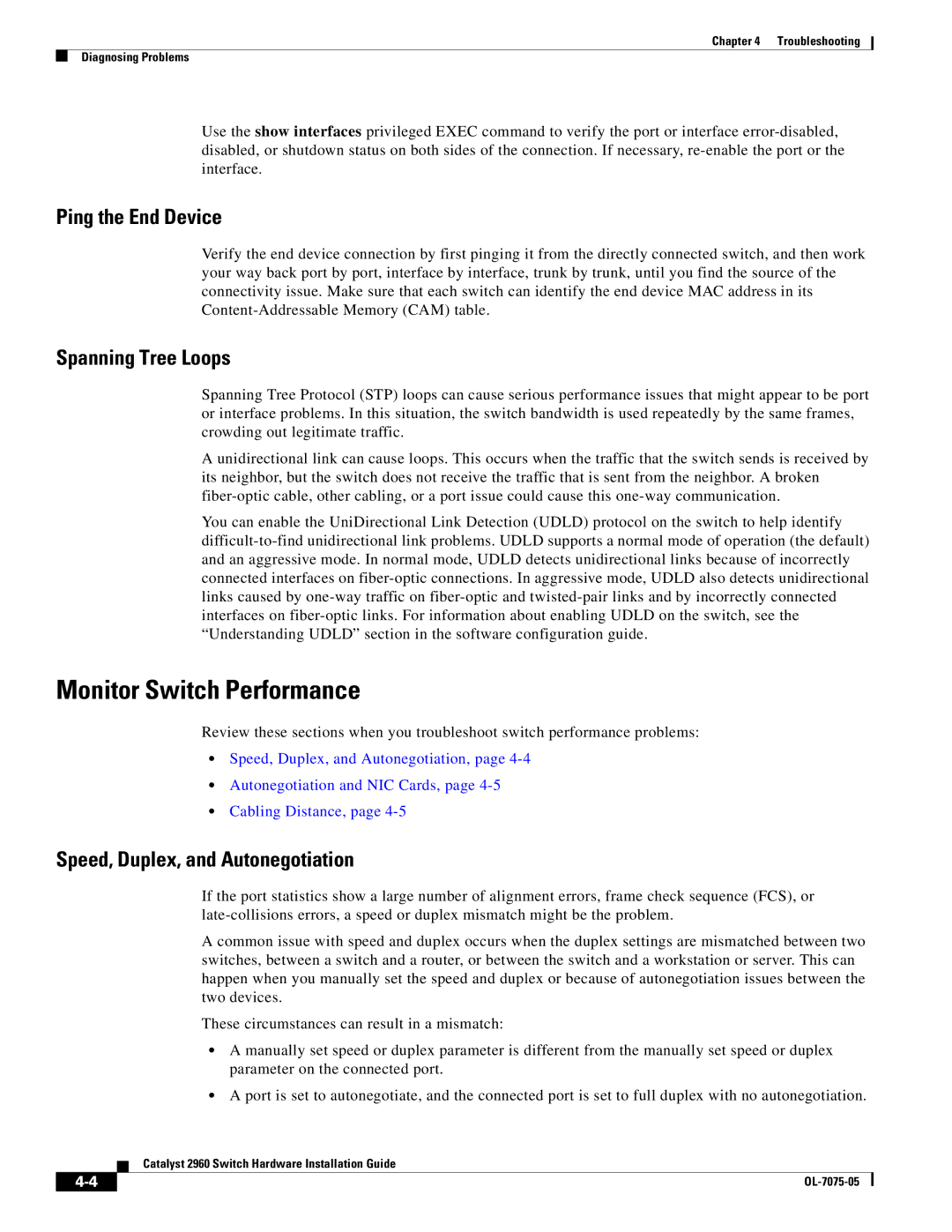 Cisco Systems 2960 specifications Monitor Switch Performance, Ping the End Device, Spanning Tree Loops 