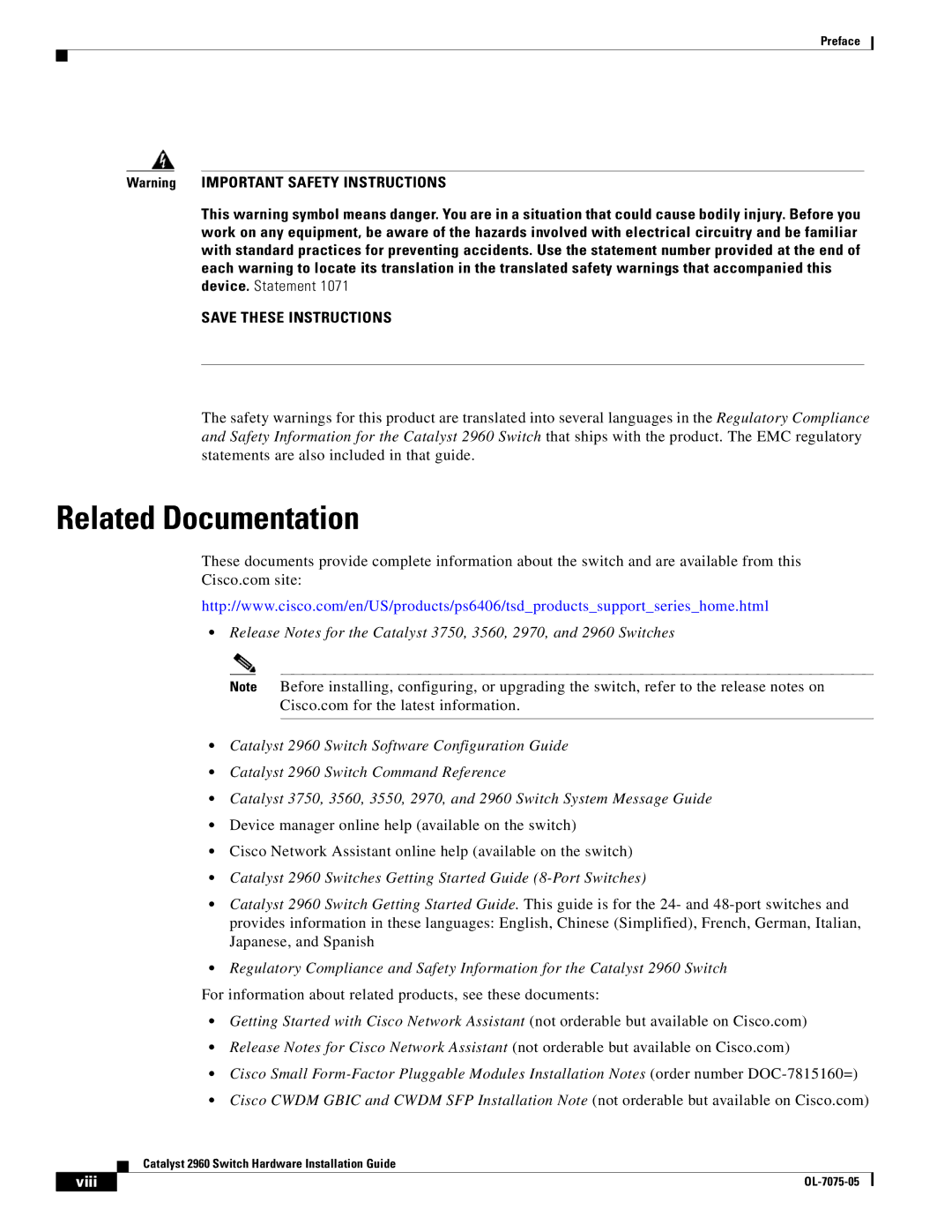 Cisco Systems 2960 specifications Related Documentation, For information about related products, see these documents 