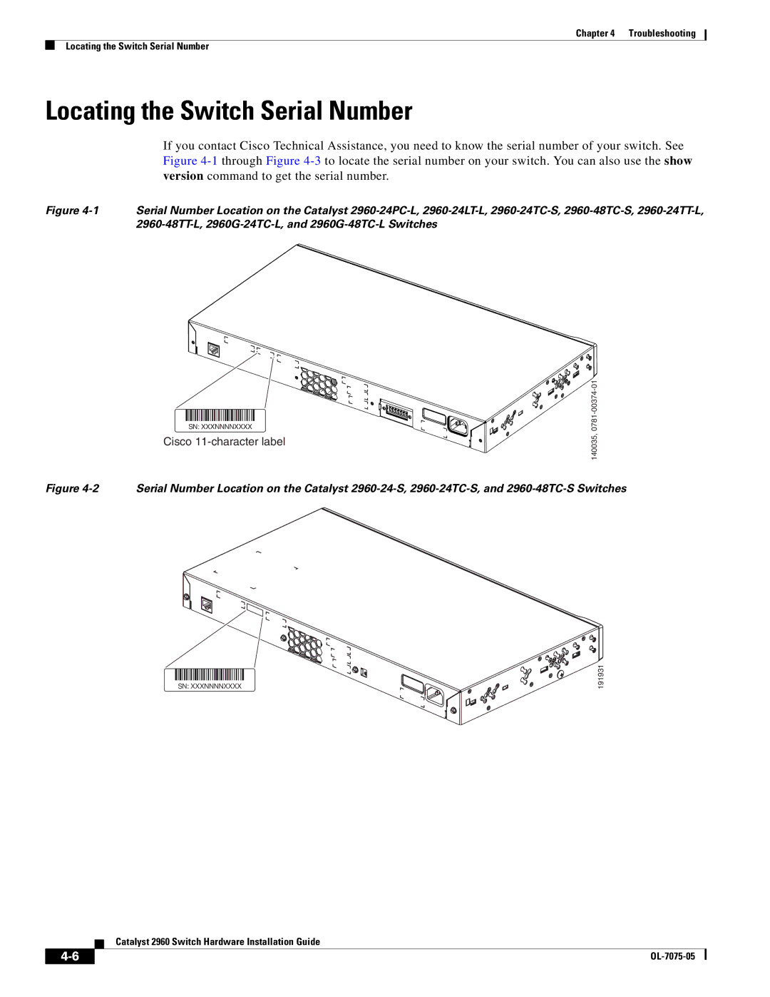 Cisco Systems 2960 specifications Locating the Switch Serial Number, Cisco 11-character label 