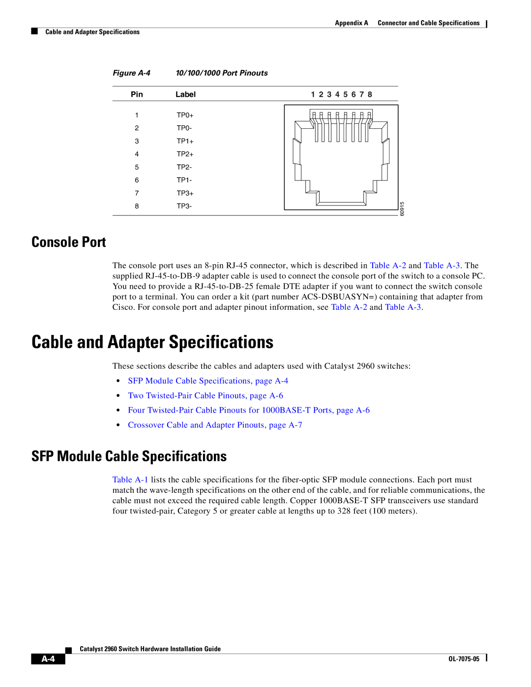 Cisco Systems 2960 specifications Cable and Adapter Specifications, SFP Module Cable Specifications 