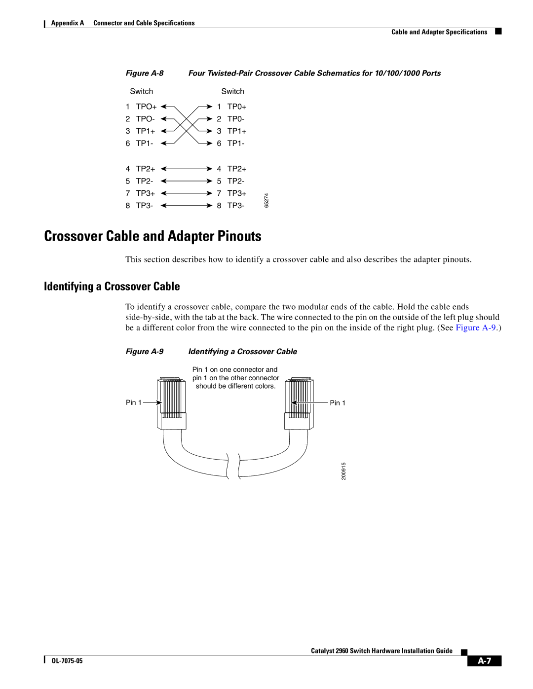 Cisco Systems 2960 specifications Crossover Cable and Adapter Pinouts, Identifying a Crossover Cable 