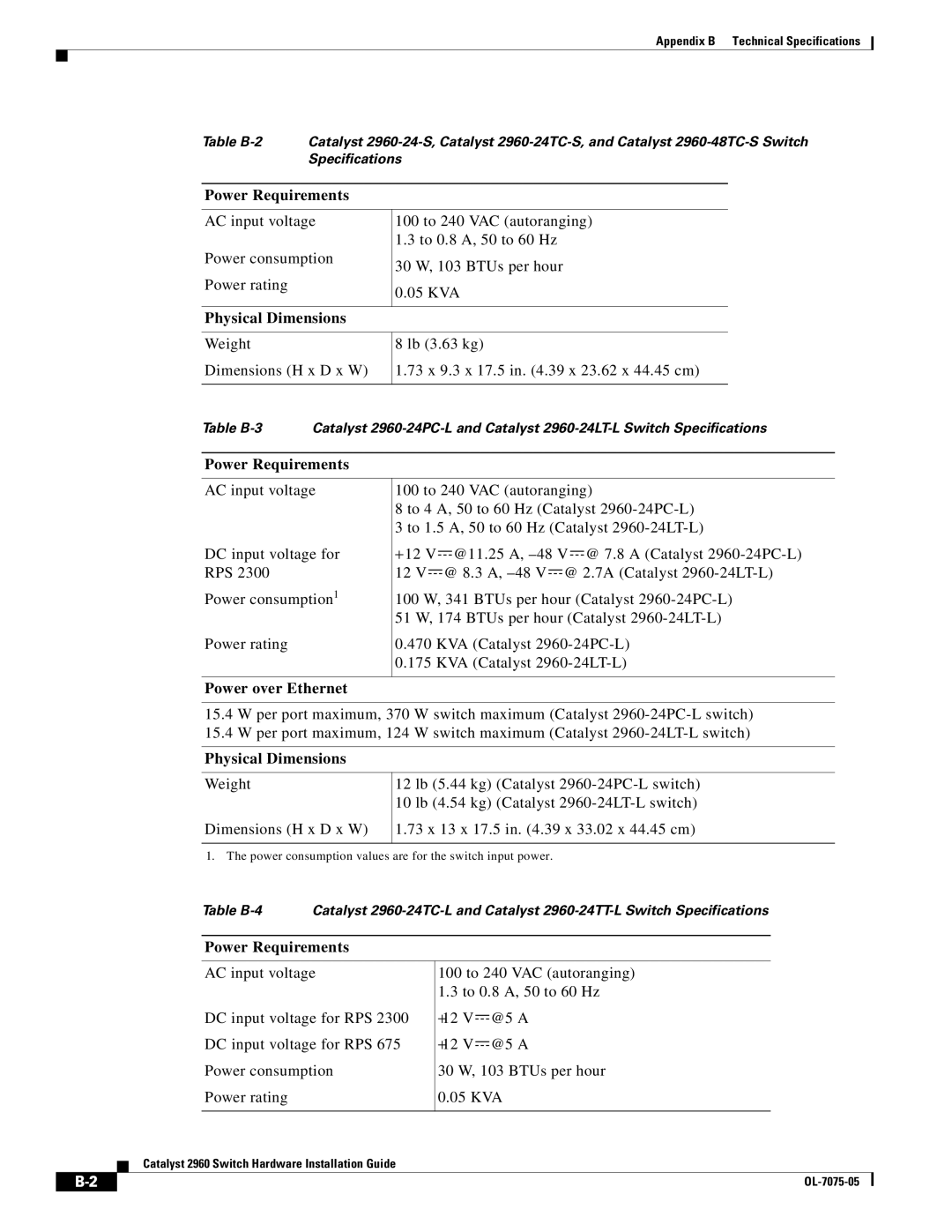 Cisco Systems 2960 specifications Power Requirements 