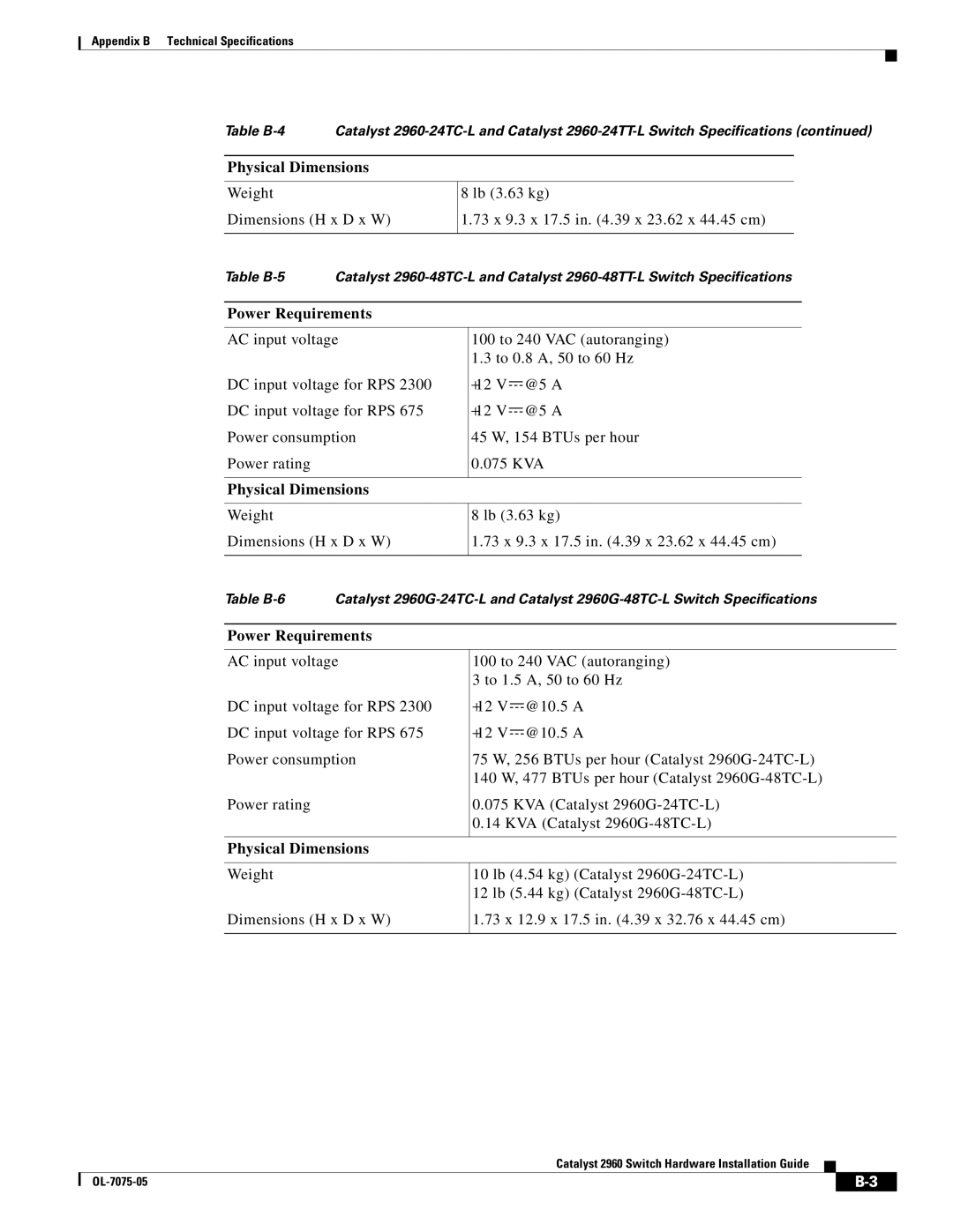 Cisco Systems 2960 specifications Physical Dimensions 