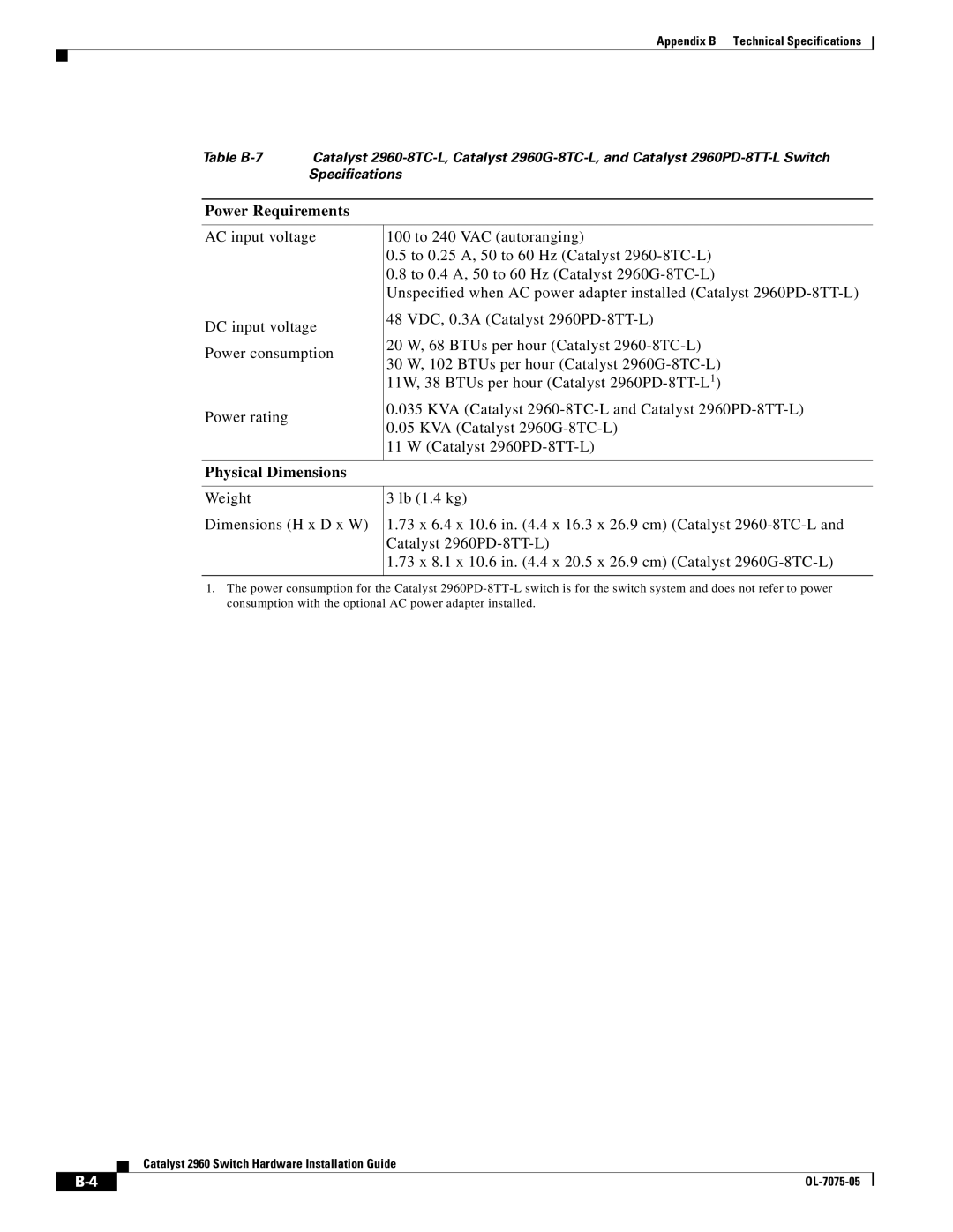 Cisco Systems 2960 specifications Power Requirements 