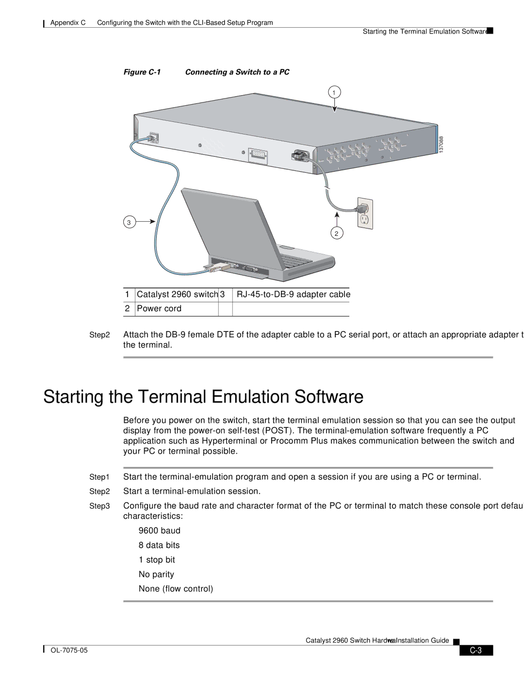 Cisco Systems 2960 specifications Starting the Terminal Emulation Software, Figure C-1 Connecting a Switch to a PC 