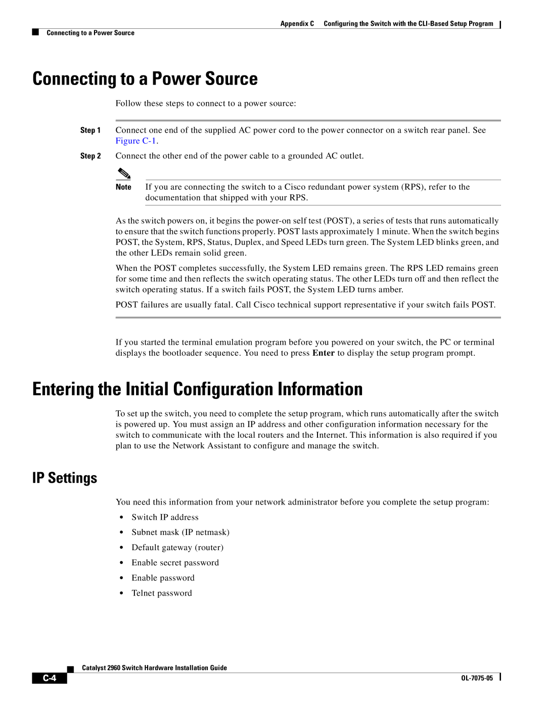 Cisco Systems 2960 specifications Connecting to a Power Source, Entering the Initial Configuration Information, IP Settings 