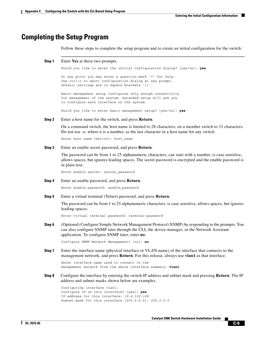 Cisco Systems 2960 specifications Completing the Setup Program 