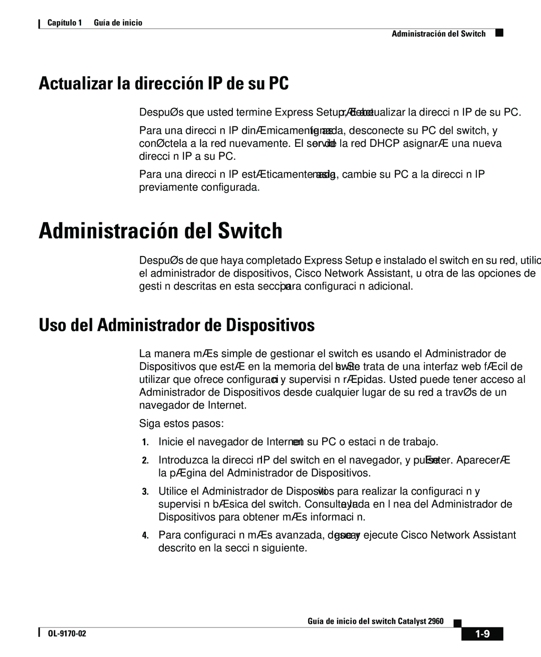 Cisco Systems 2960 Administración del Switch, Actualizar la dirección IP de su PC, Uso del Administrador de Dispositivos 