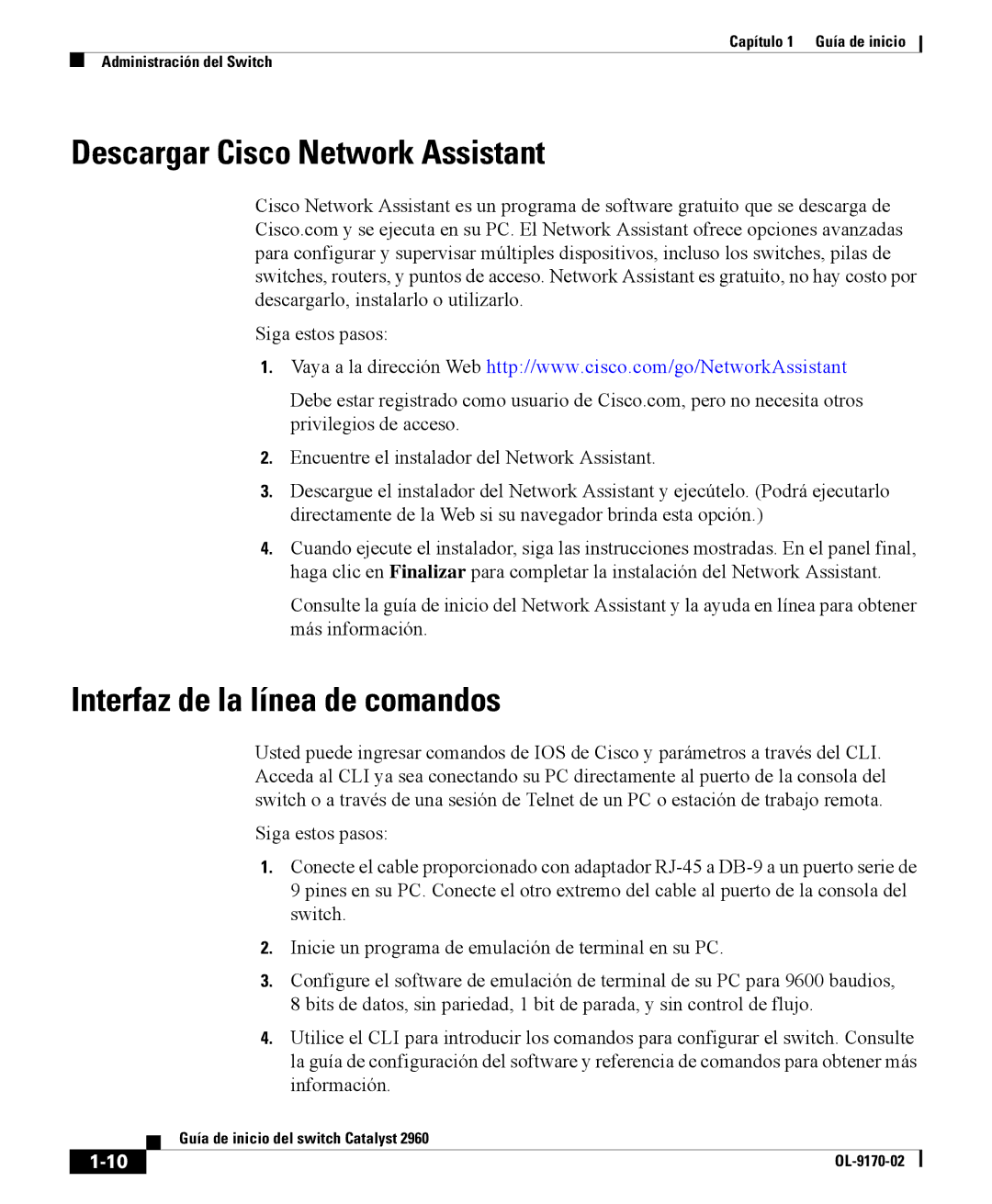 Cisco Systems 2960 manual Descargar Cisco Network Assistant, Interfaz de la línea de comandos 