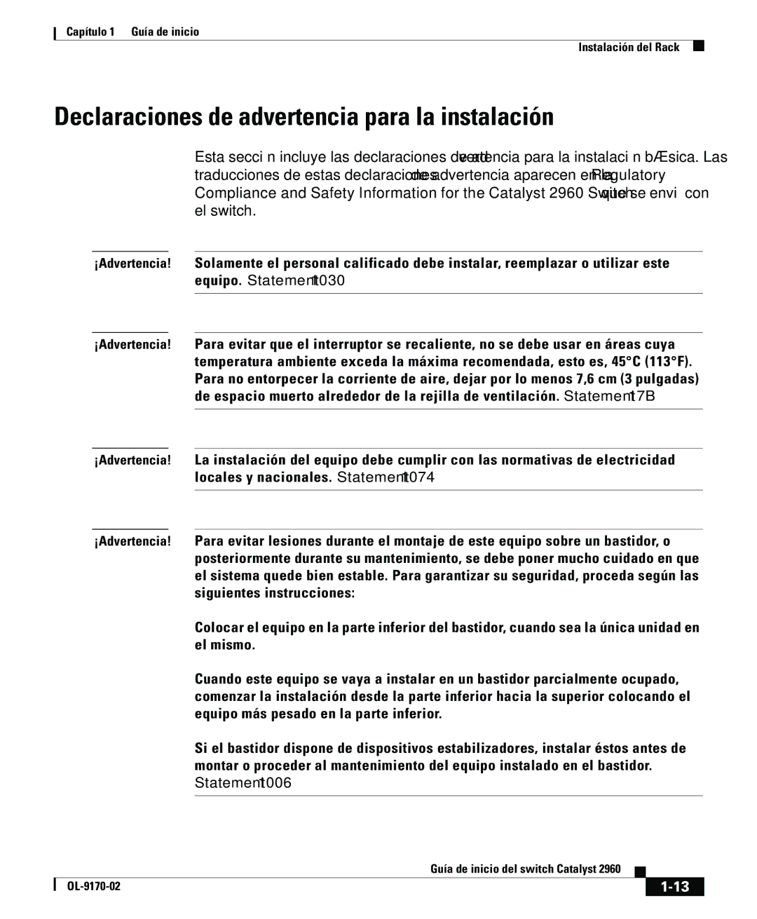 Cisco Systems 2960 manual Declaraciones de advertencia para la instalación 