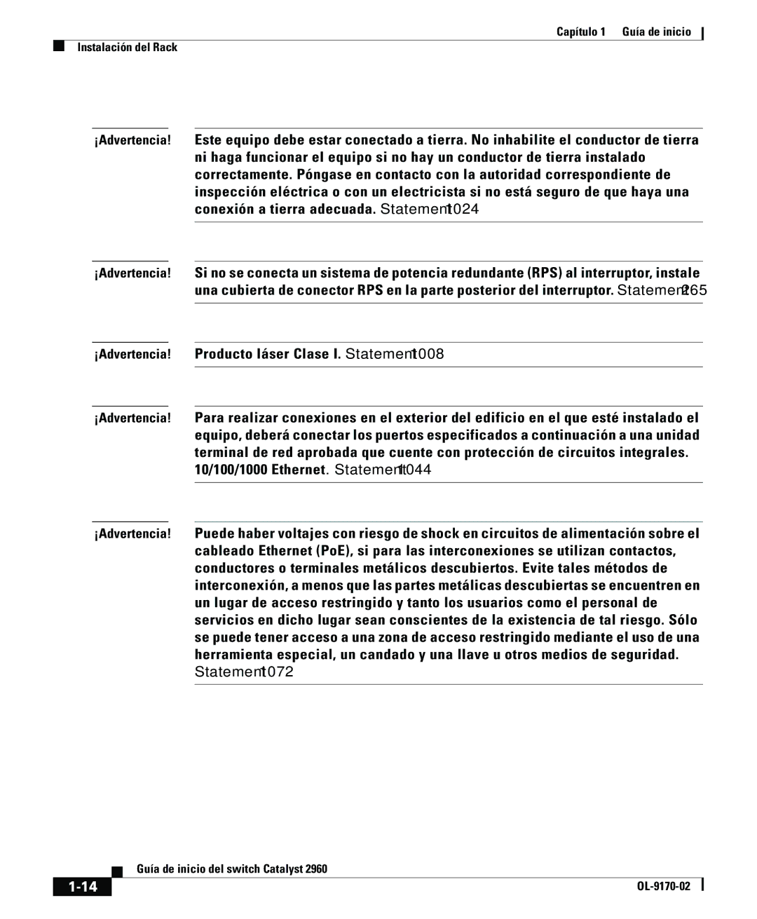 Cisco Systems 2960 manual ¡Advertencia! Producto láser Clase I. Statement 