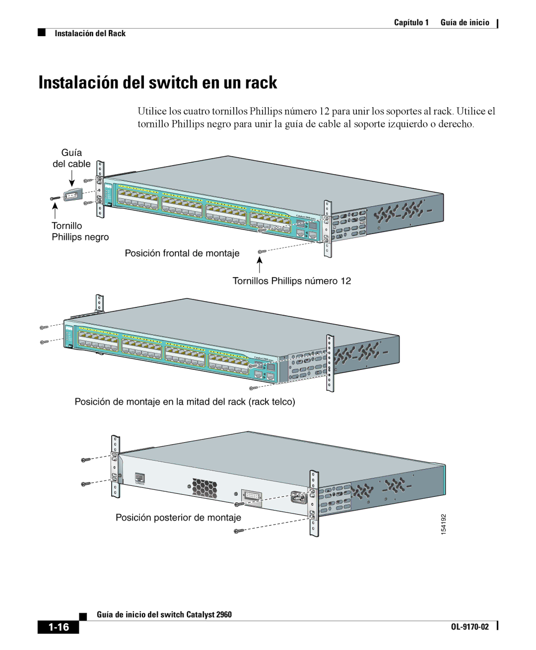 Cisco Systems 2960 manual Instalación del switch en un rack 