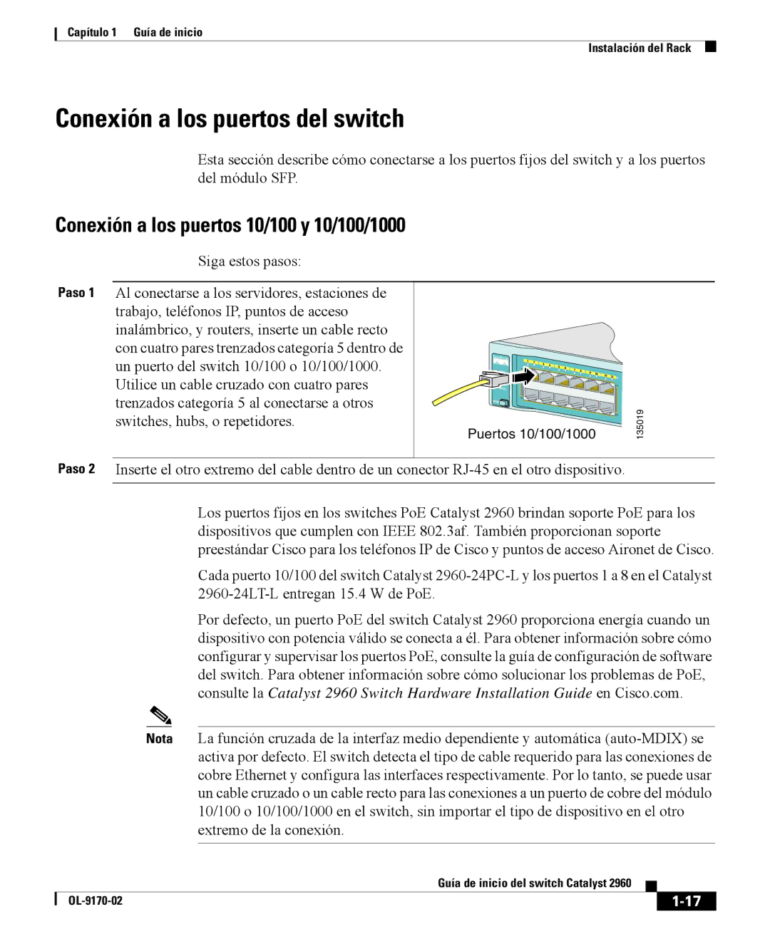 Cisco Systems 2960 manual Conexión a los puertos del switch, Conexión a los puertos 10/100 y 10/100/1000 