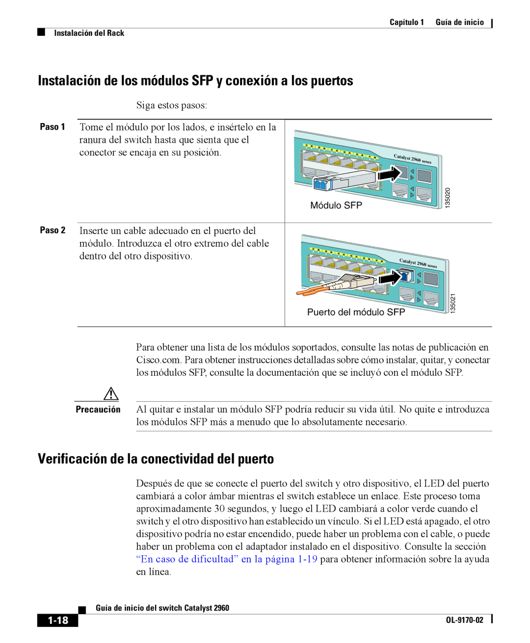 Cisco Systems 2960 manual Instalación de los módulos SFP y conexión a los puertos 