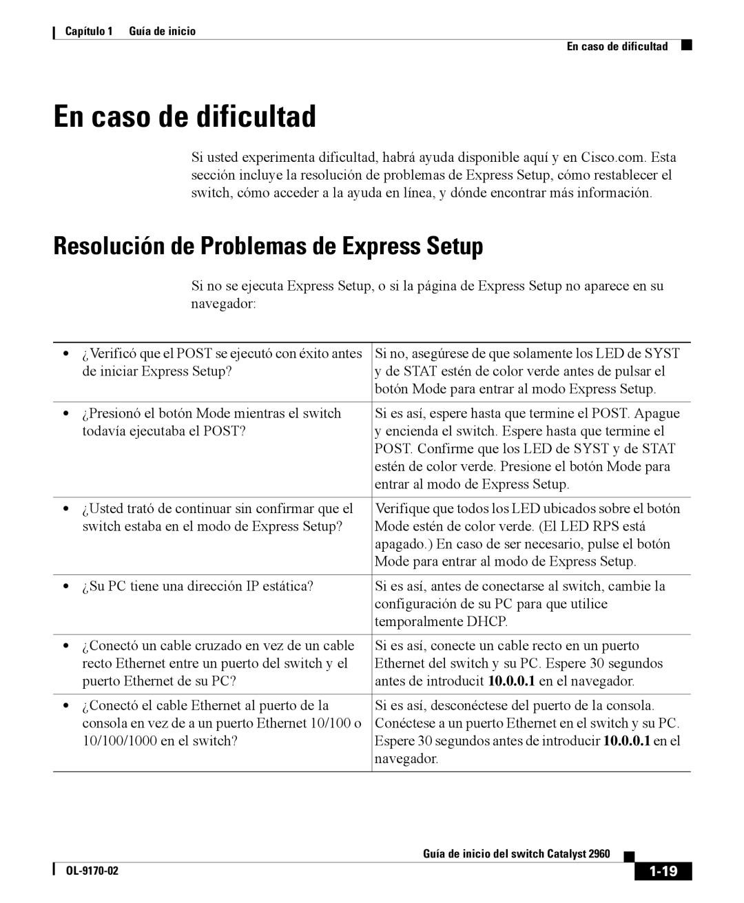 Cisco Systems 2960 manual En caso de dificultad, Resolución de Problemas de Express Setup 