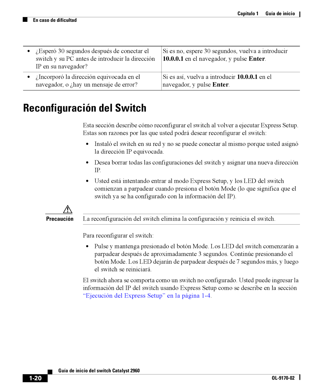 Cisco Systems 2960 manual Reconfiguración del Switch 