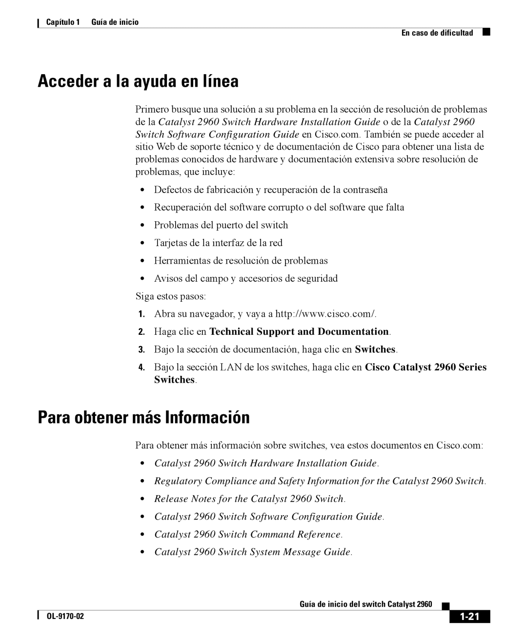 Cisco Systems 2960 manual Acceder a la ayuda en línea, Para obtener más Información 