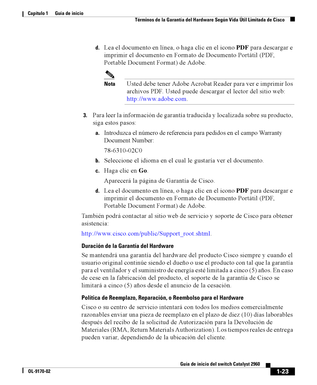 Cisco Systems 2960 manual Duración de la Garantía del Hardware 