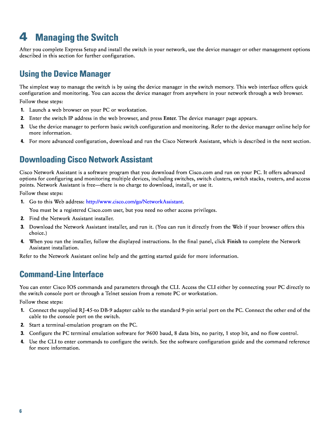 Cisco Systems 2975 manual Managing the Switch, Using the Device Manager, Downloading Cisco Network Assistant 