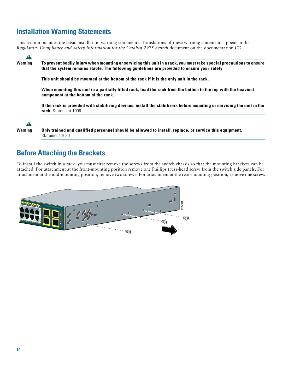 Cisco Systems 2975 manual Installation Warning Statements, Before Attaching the Brackets 