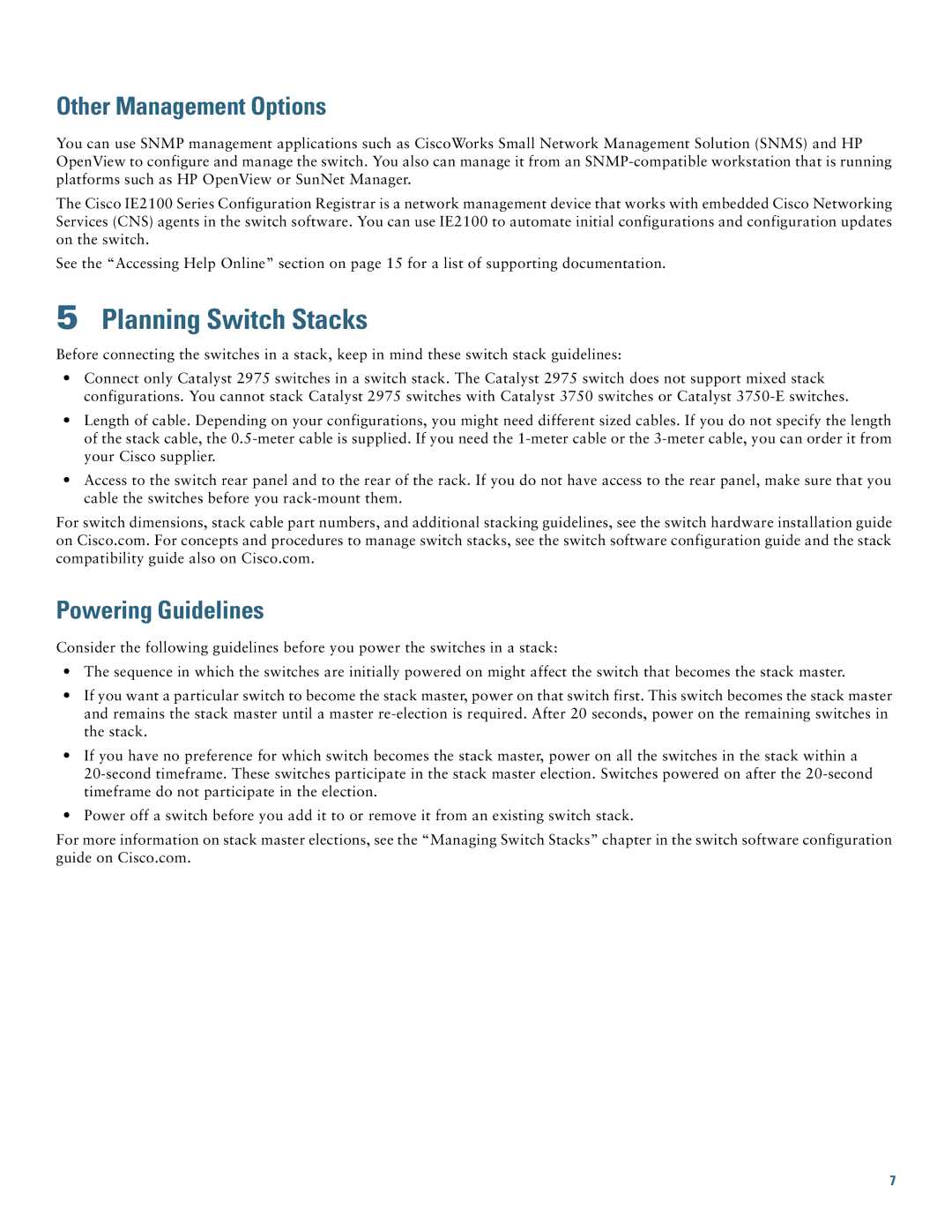 Cisco Systems 2975 manual Planning Switch Stacks, Other Management Options, Powering Guidelines 