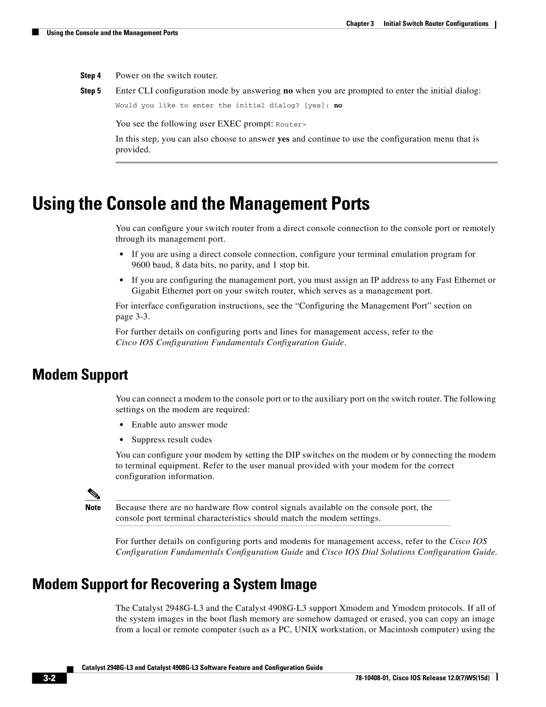 Cisco Systems 3 manual Using the Console and the Management Ports, Modem Support for Recovering a System Image 