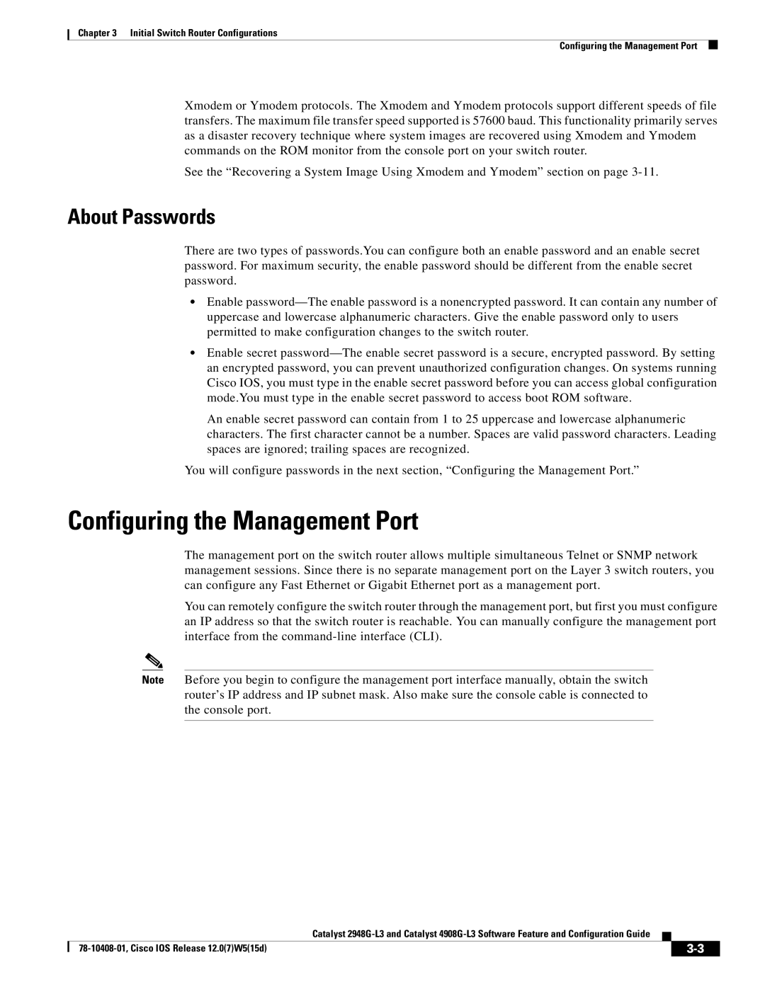 Cisco Systems 3 manual Configuring the Management Port, About Passwords 