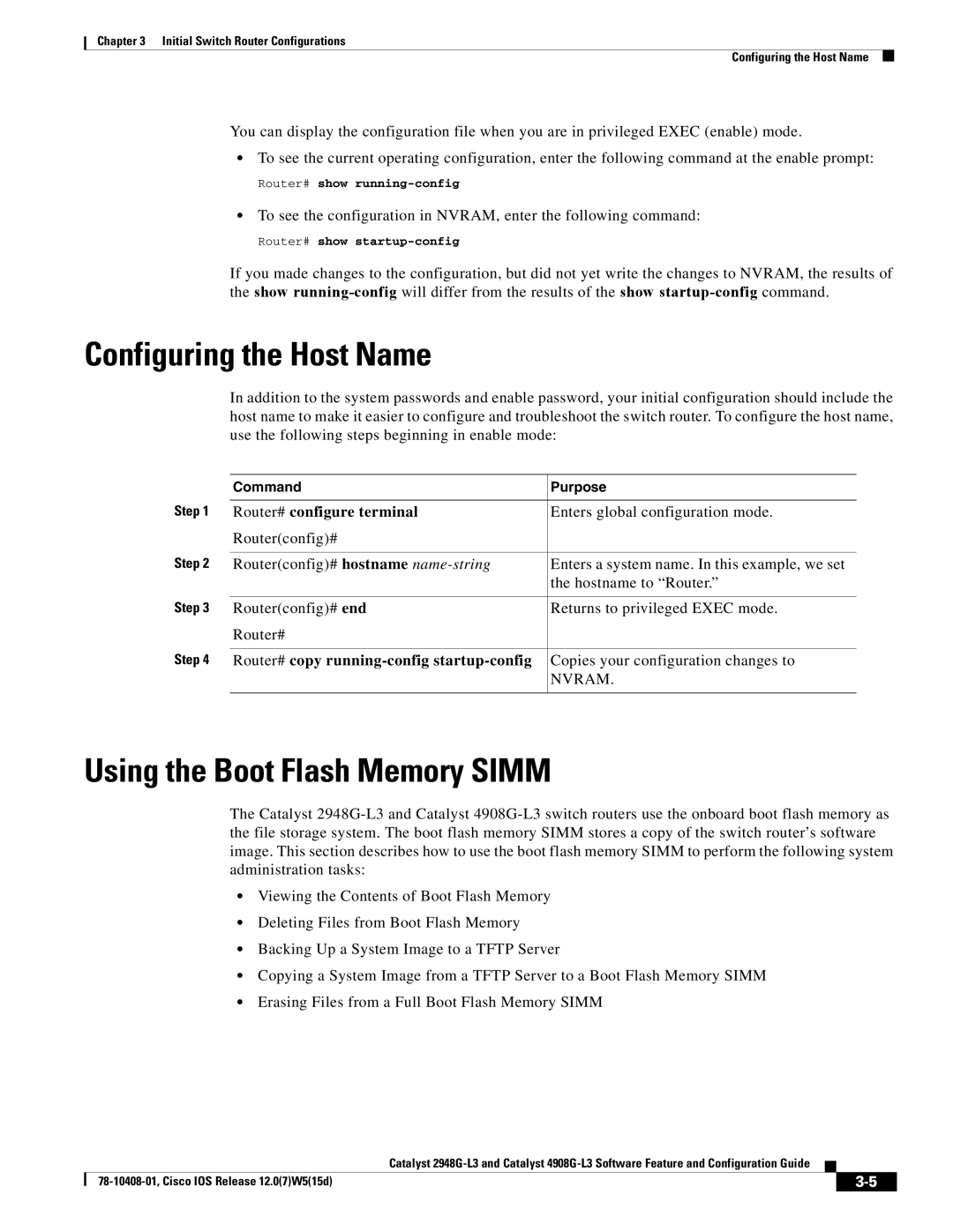 Cisco Systems 3 Configuring the Host Name, Using the Boot Flash Memory Simm, Router# copy running-config startup-config 