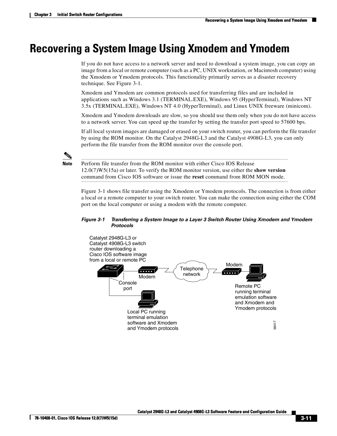 Cisco Systems manual 3-11, Recovering a System Image Using Xmodem and Ymodem 