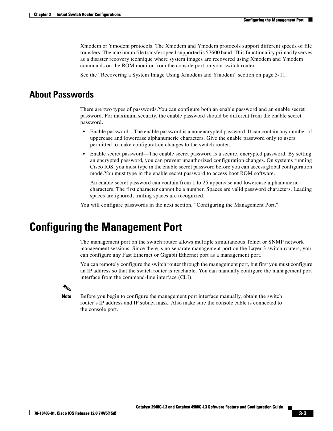 Cisco Systems 3 manual Configuring the Management Port, About Passwords 
