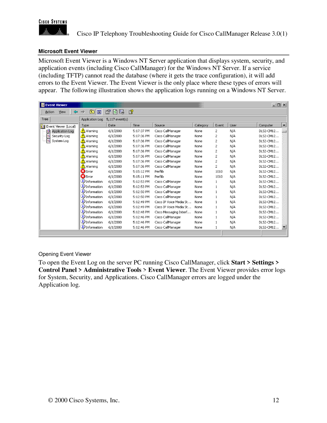 Cisco Systems 30 VIP manual Microsoft Event Viewer 