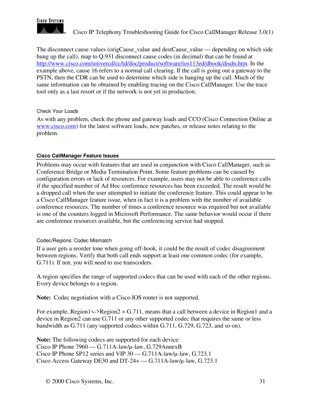 Cisco Systems 30 VIP manual Cisco CallManager Feature Issues 