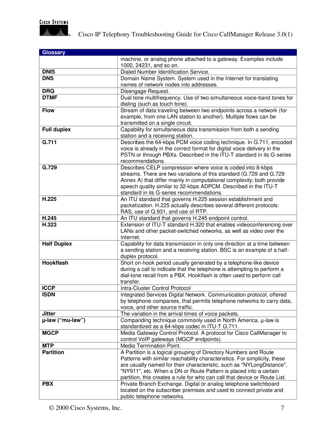 Cisco Systems 30 VIP manual Flow Full duplex 711 729 225 245 323 Half Duplex Hookflash, Jitter Law mu-law, Partition 