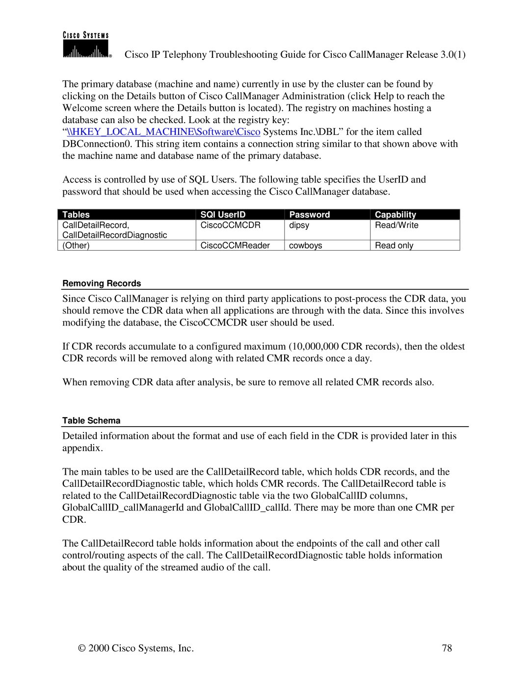 Cisco Systems 30 VIP manual Removing Records, Table Schema 