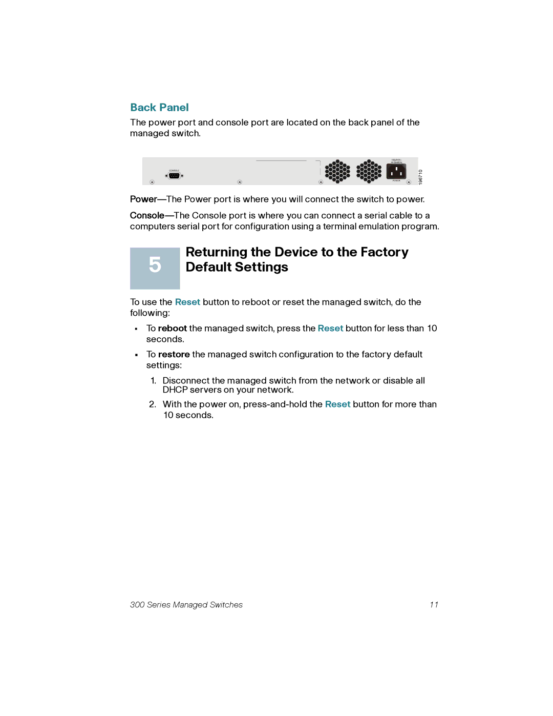 Cisco Systems 300 quick start Returning the Device to the Factory Default Settings, Back Panel 