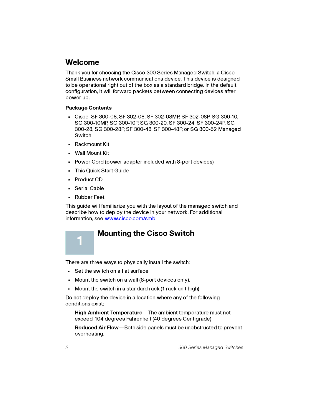 Cisco Systems 300 quick start Welcome, Mounting the Cisco Switch 