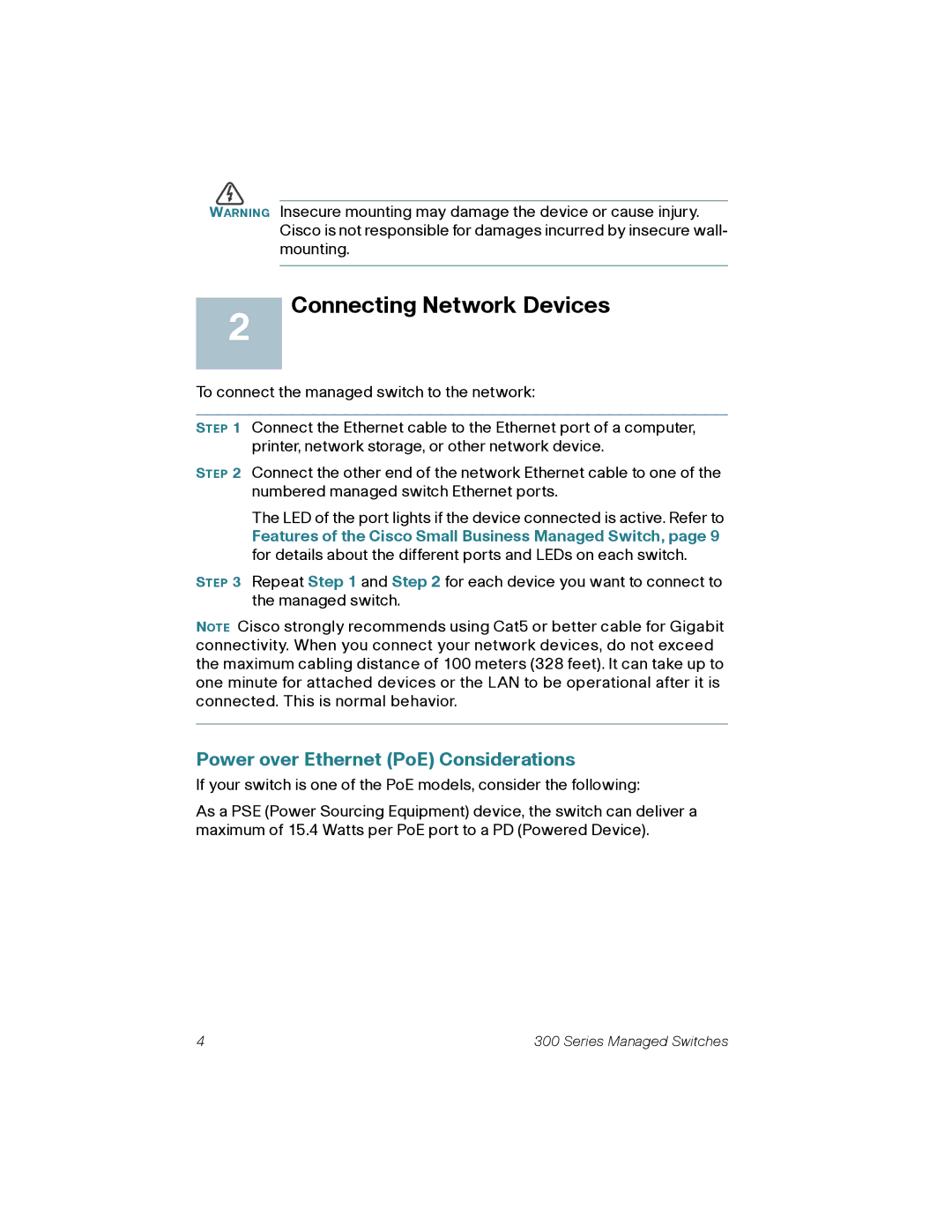 Cisco Systems 300 quick start Connecting Network Devices, Power over Ethernet PoE Considerations 