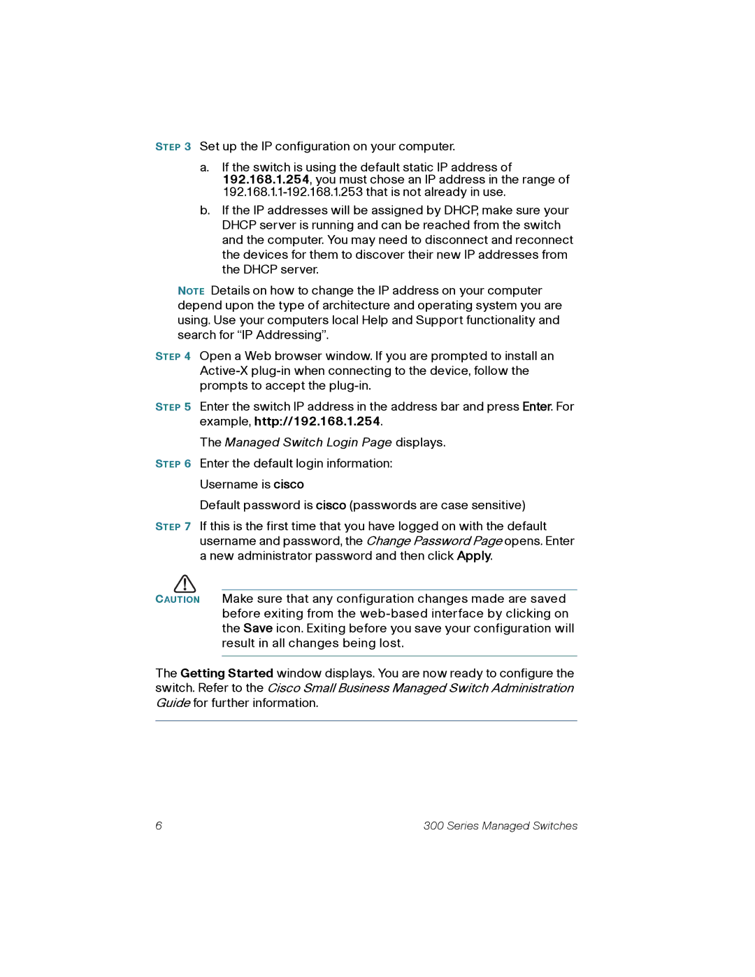 Cisco Systems 300 quick start Managed Switch Login Page displays 