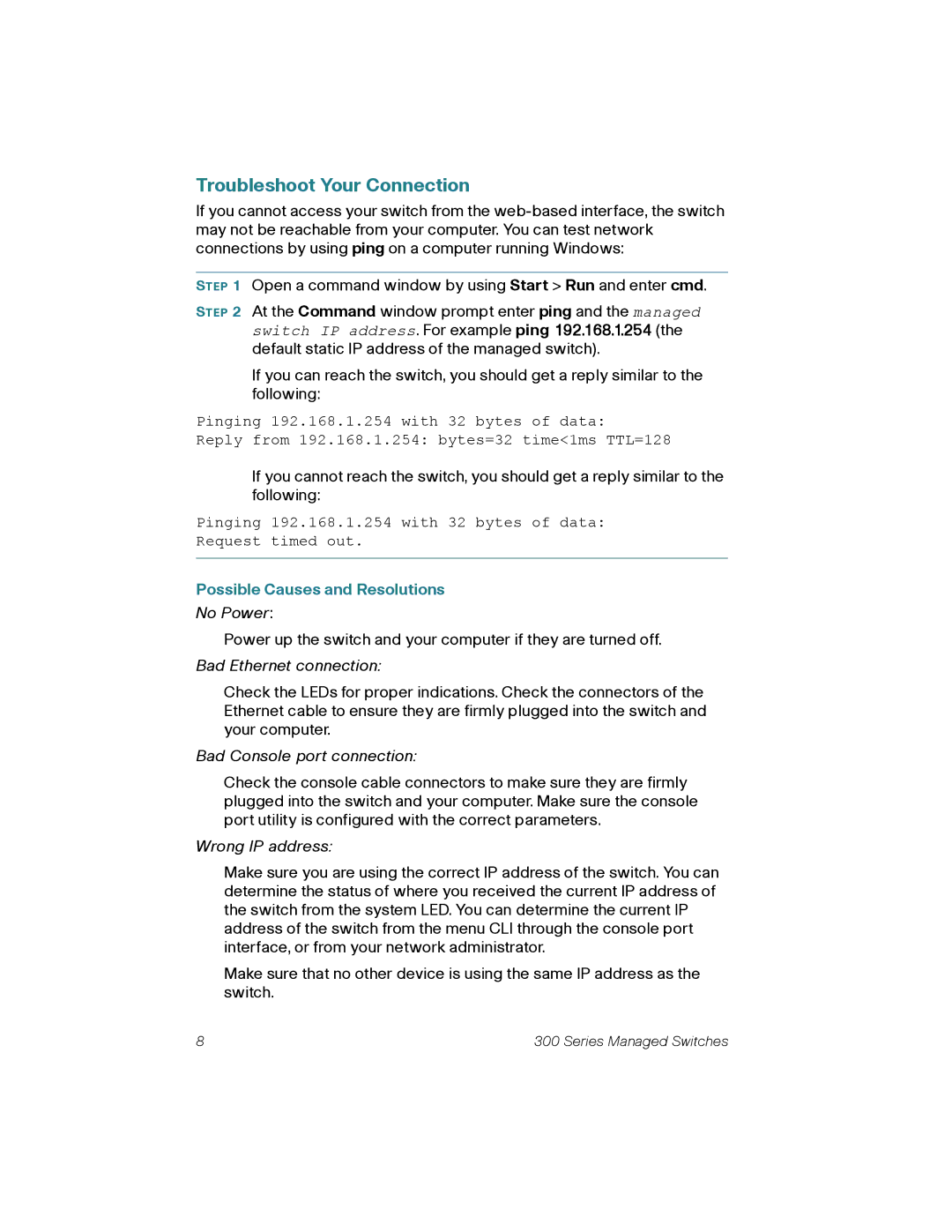 Cisco Systems 300 quick start Troubleshoot Your Connection, Possible Causes and Resolutions 