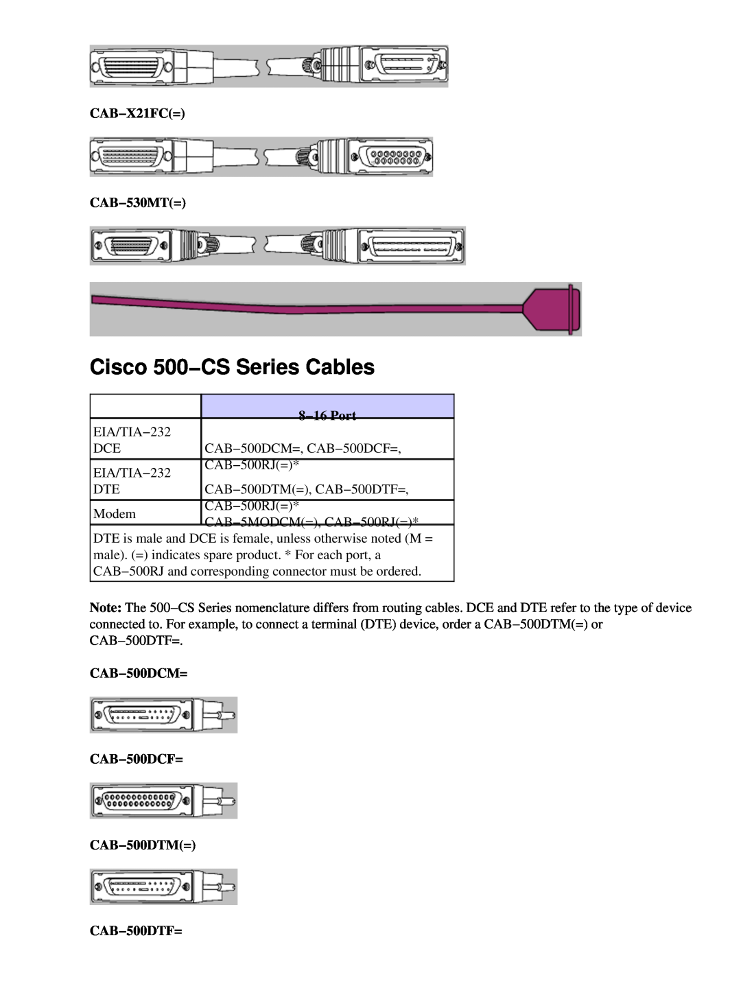 Cisco Systems 2500 Series, 3000 Series manual Cisco 500−CS Series Cables, CAB−X21FC= CAB−530MT=, 8−16 Port, CAB−500DTF= 