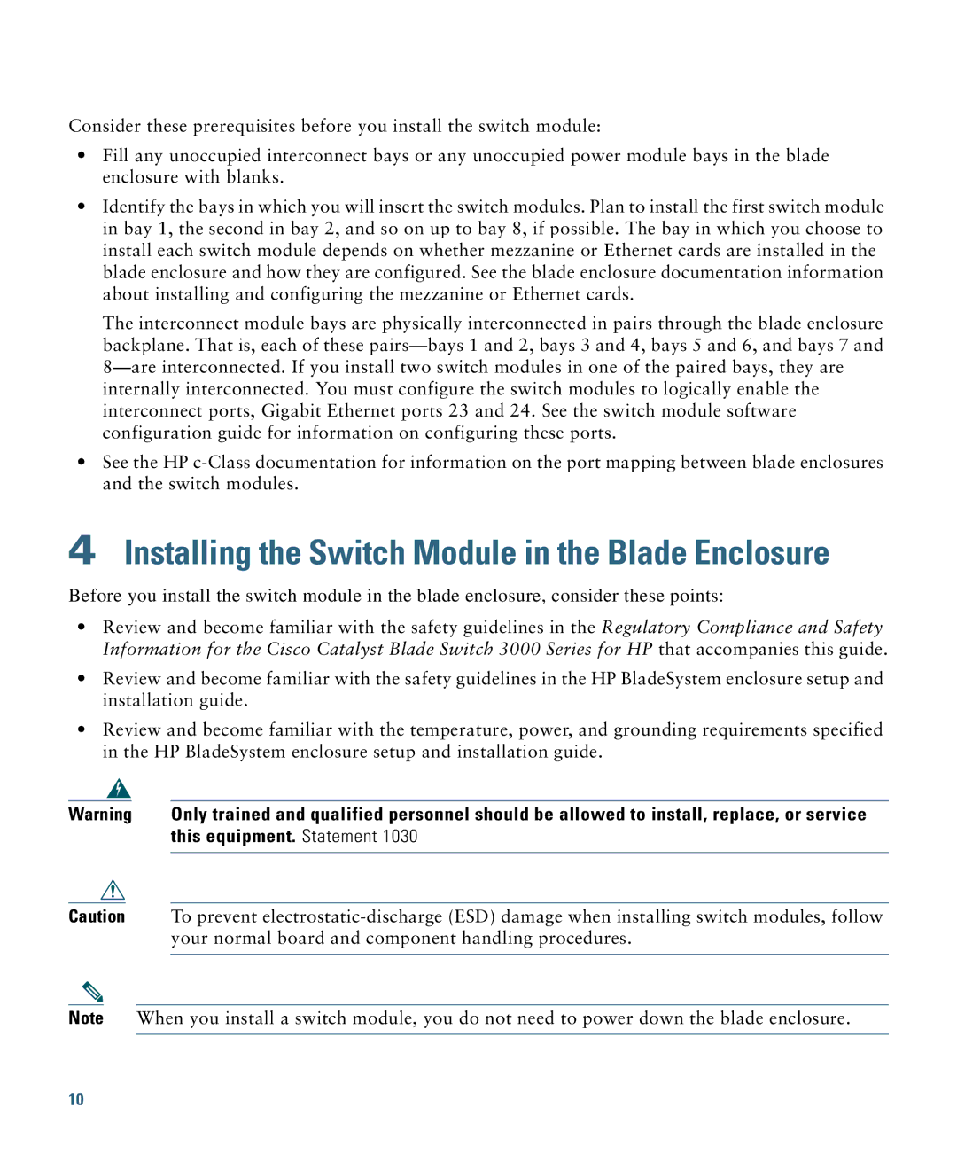 Cisco Systems 3000 Series manual Installing the Switch Module in the Blade Enclosure 